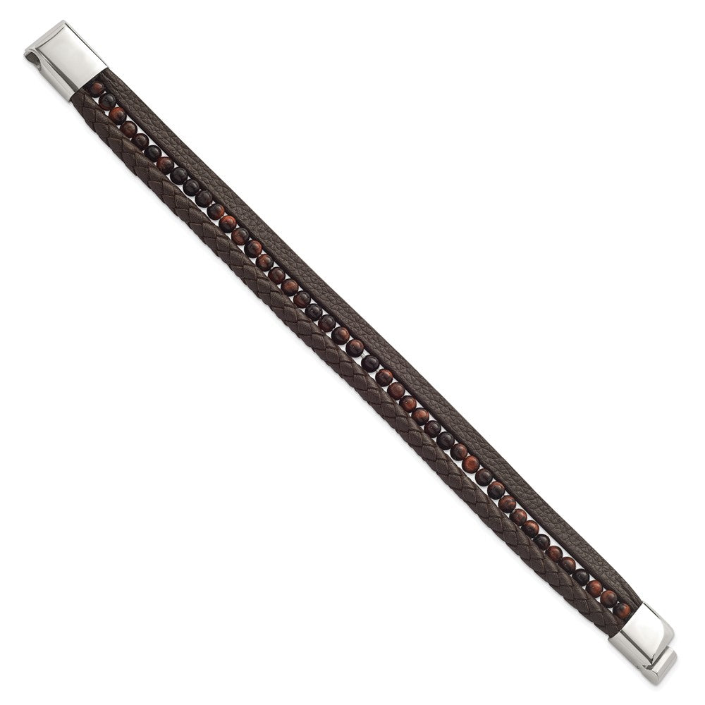 Chisel Stainless Steel Polished Multi Strand Tiger's Eye Beaded Brown Leather 8.25 inch Bracelet SRB2463-8.25