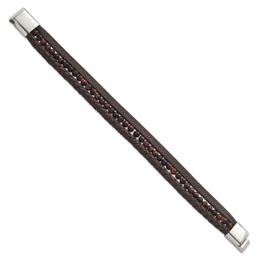 Chisel Stainless Steel Polished Multi Strand Tiger's Eye Beaded Brown Leather 8.25 inch Bracelet SRB2463-8.25