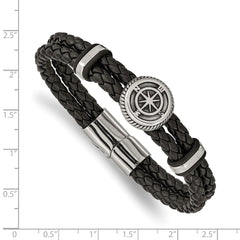 Chisel Stainless Steel Antiqued and Polished Compass Braided Black Leather 8 inch Bracelet SRB2473-8