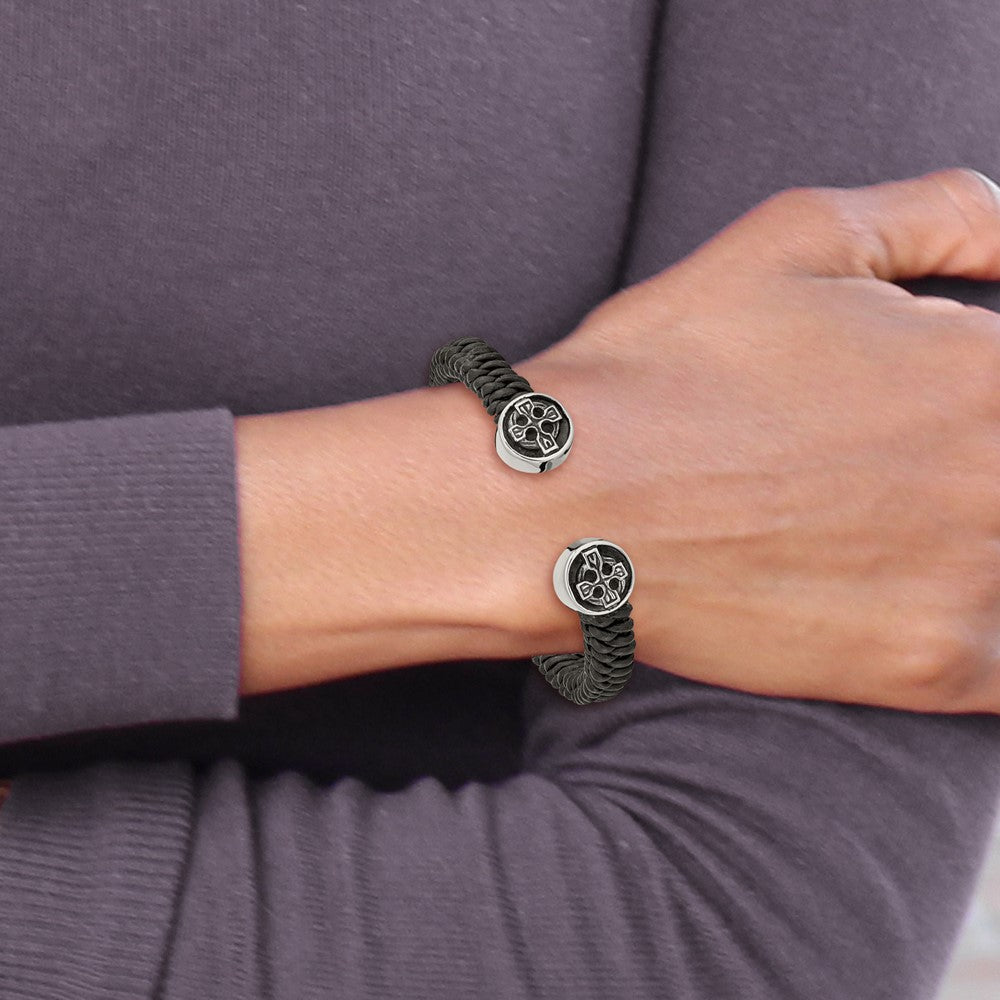 Chisel Stainless Steel Antiqued and Polished Black Leather Celtic Cross Cuff Bangle SRB2481