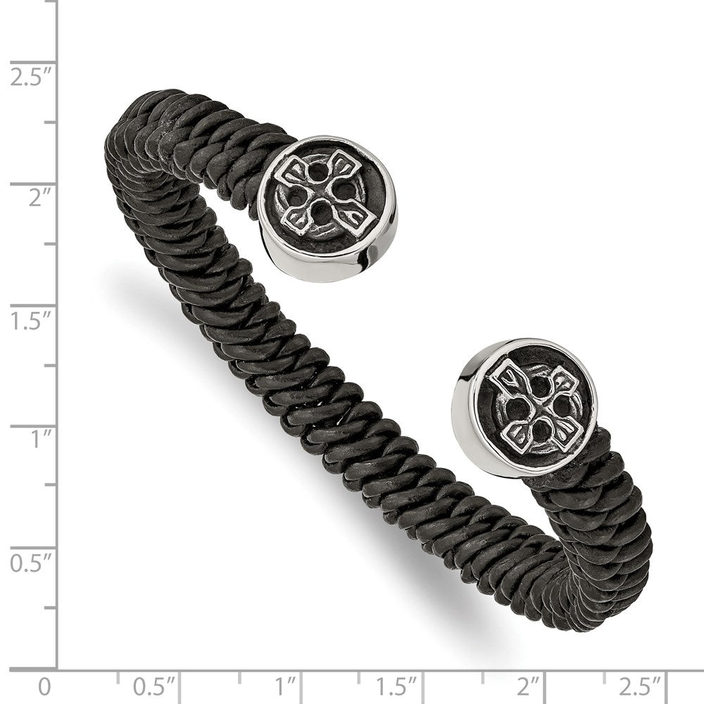 Chisel Stainless Steel Antiqued and Polished Black Leather Celtic Cross Cuff Bangle SRB2481