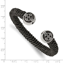 Chisel Stainless Steel Antiqued and Polished Black Leather Celtic Cross Cuff Bangle SRB2481