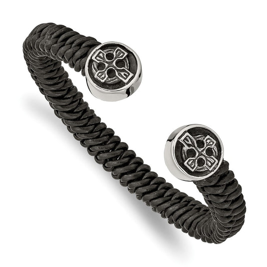 Chisel Stainless Steel Antiqued and Polished Black Leather Celtic Cross Cuff Bangle SRB2481