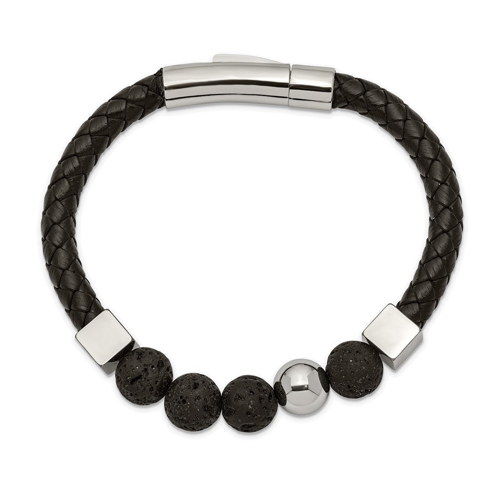 Chisel Stainless Steel Polished with Lava Stone Beads Black Leather 8 inch Bracelet SRB2484-8