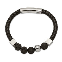 Chisel Stainless Steel Polished with Lava Stone Beads Black Leather 8 inch Bracelet SRB2484-8