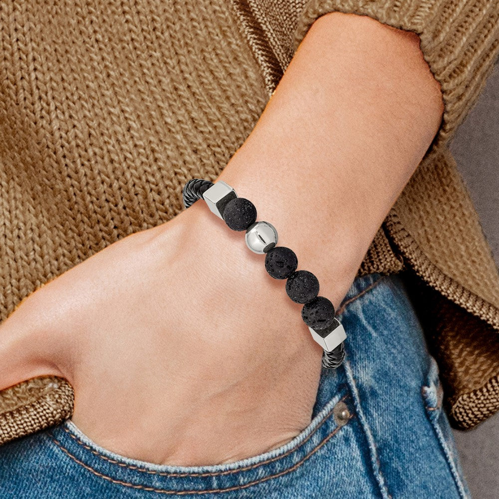 Chisel Stainless Steel Polished with Lava Stone Beads Black Leather 8 inch Bracelet SRB2484-8