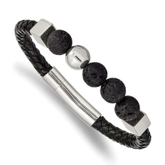 Chisel Stainless Steel Polished with Lava Stone Beads Black Leather 8 inch Bracelet SRB2484-8
