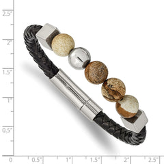 Chisel Stainless Steel Polished with Brown Jasper Beads Black Leather 8 inch Bracelet SRB2485-8