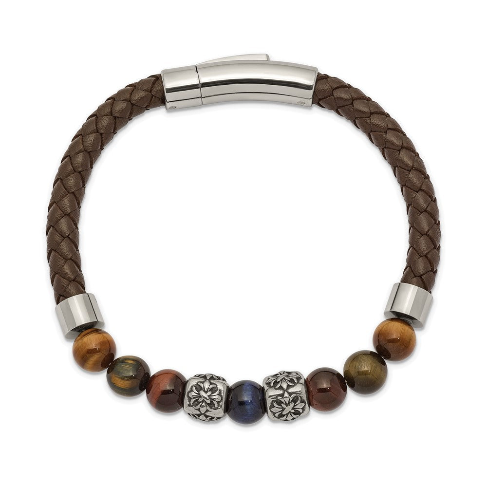Chisel Stainless Steel Antiqued and Polished MultiColor Tiger's Eye Beads Brown Leather 8.5 inch Bracelet SRB2488-8.5