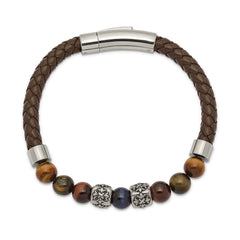Chisel Stainless Steel Antiqued and Polished MultiColor Tiger's Eye Beads Brown Leather 8.5 inch Bracelet SRB2488-8.5