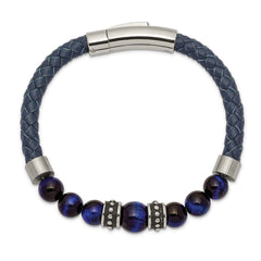 Chisel Stainless Steel Antiqued and Polished Blue Tiger's Eye Beads Blue Leather 8.25 inch Bracelet SRB2490-8.25