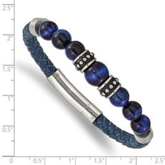 Chisel Stainless Steel Antiqued and Polished Blue Tiger's Eye Beads Blue Leather 8.25 inch Bracelet SRB2490-8.25