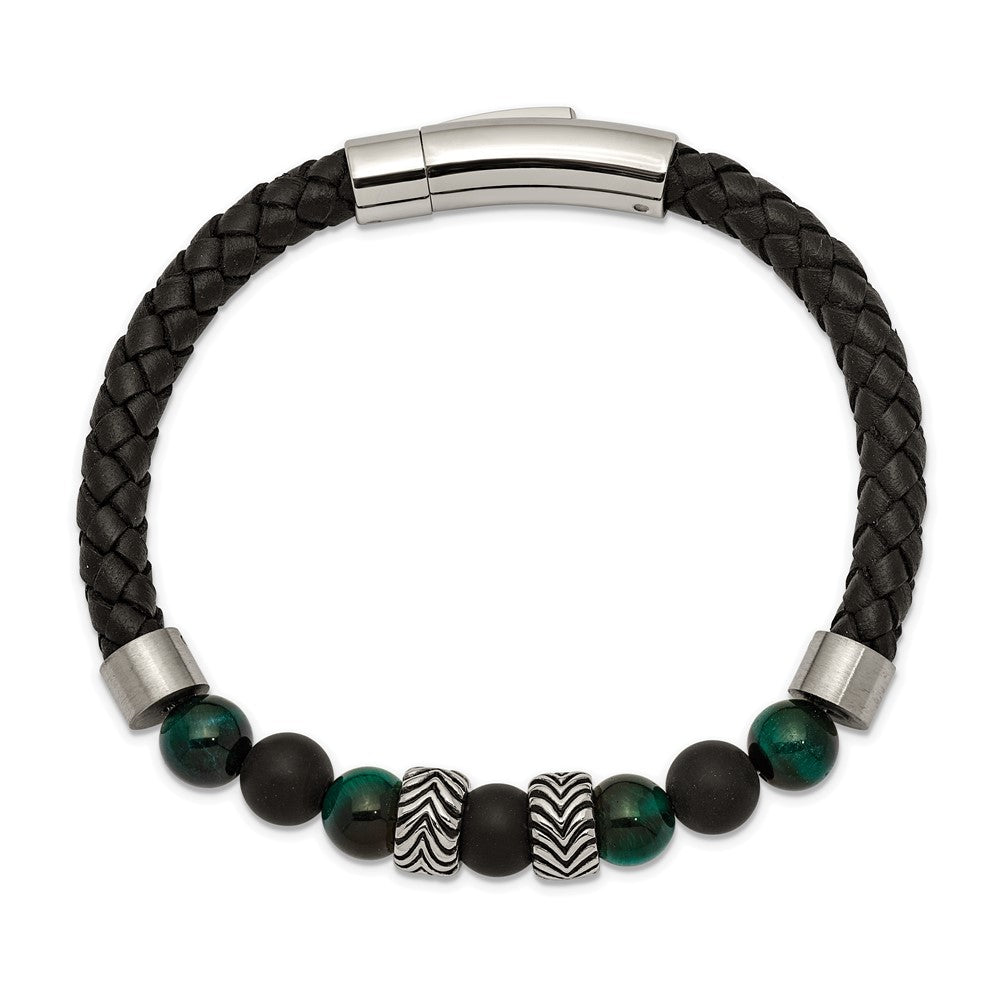 Chisel Stainless Steel Antiqued and Polished Black Agate and Green Tiger's Eye Beads Black Leather 8.5 inch Bracelet SRB2491-8.5