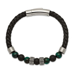 Chisel Stainless Steel Antiqued and Polished Black Agate and Green Tiger's Eye Beads Black Leather 8.5 inch Bracelet SRB2491-8.5
