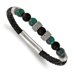 Chisel Stainless Steel Antiqued and Polished Black Agate and Green Tiger's Eye Beads Black Leather 8.5 inch Bracelet SRB2491-8.5
