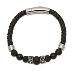 Chisel Stainless Steel Antiqued and Polished Black Agate Beads Black Leather 8.25 inch Bracelet SRB2492-8.25