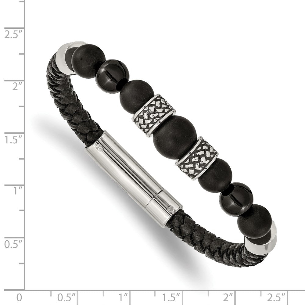 Chisel Stainless Steel Antiqued and Polished Black Agate Beads Black Leather 8.25 inch Bracelet SRB2492-8.25