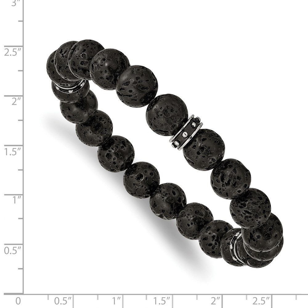 Chisel Stainless Steel Polished Black Enamel 10.5mm Lava Stone Beaded Stretch Bracelet SRB2497