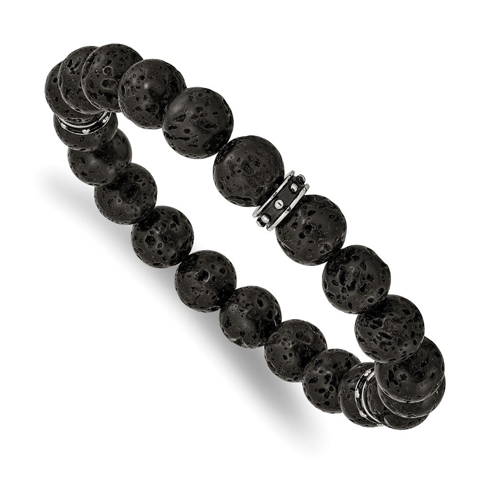 Chisel Stainless Steel Polished Black Enamel 10.5mm Lava Stone Beaded Stretch Bracelet SRB2497