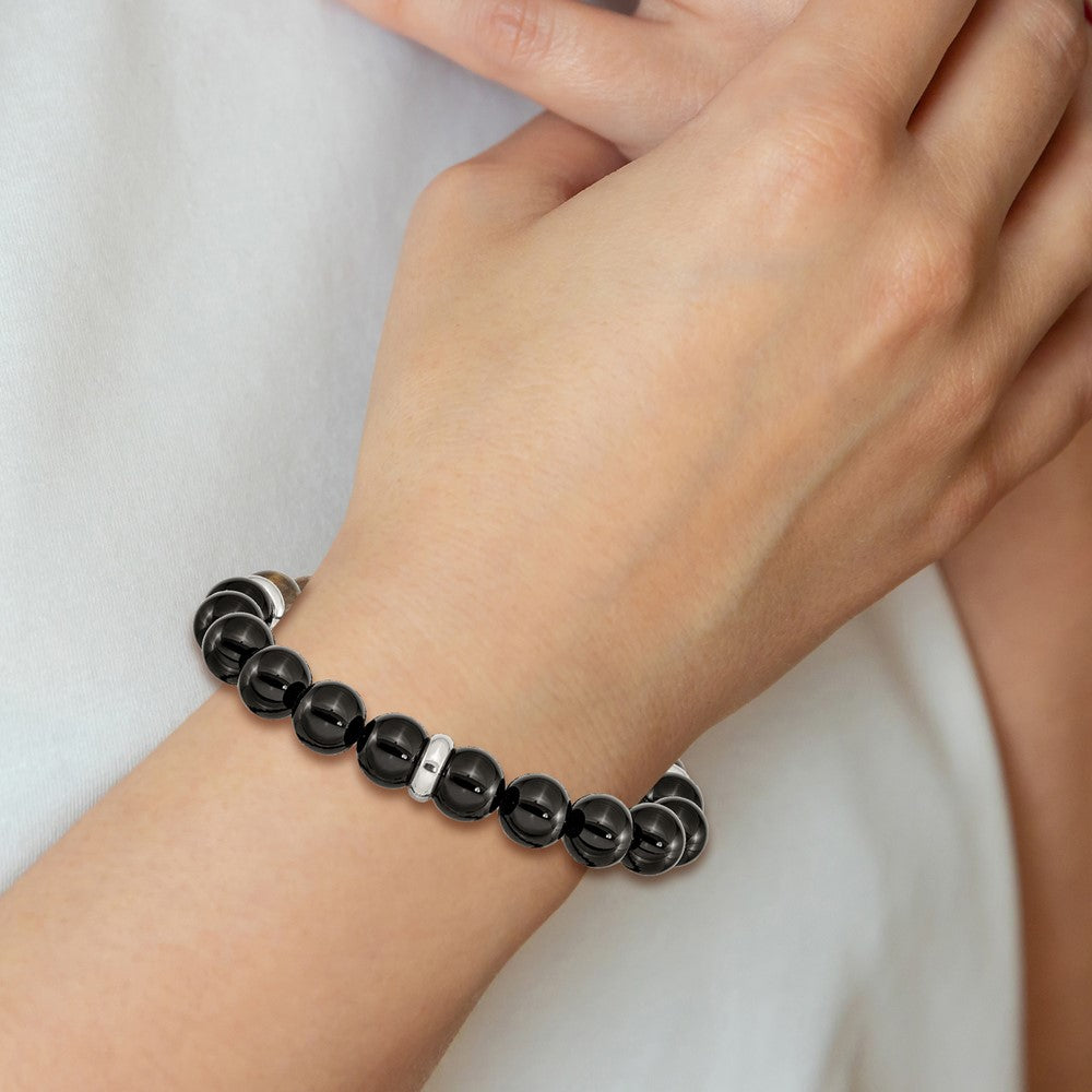 Chisel Stainless Steel Polished 10.5mm Black Agate and Tiger's Eye Beaded Stretch Bracelet SRB2498