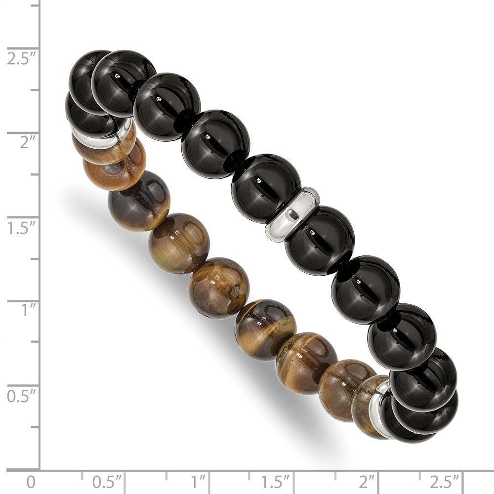 Chisel Stainless Steel Polished 10.5mm Black Agate and Tiger's Eye Beaded Stretch Bracelet SRB2498