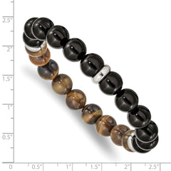Chisel Stainless Steel Polished 10.5mm Black Agate and Tiger's Eye Beaded Stretch Bracelet SRB2498