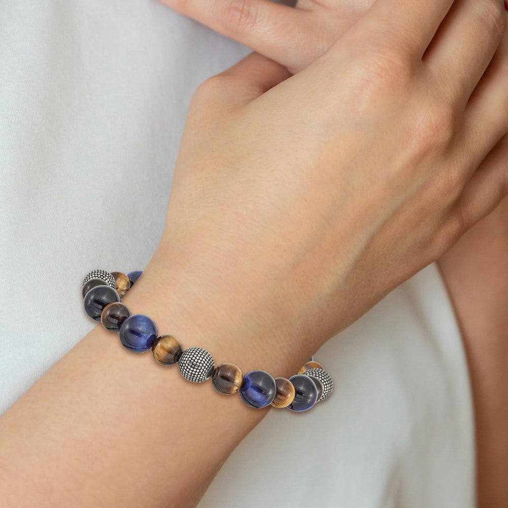 Chisel Stainless Steel Antiqued and Polished 8-10mm Brown and Blue Tiger's Eye Beaded Stretch Bracelet SRB2502