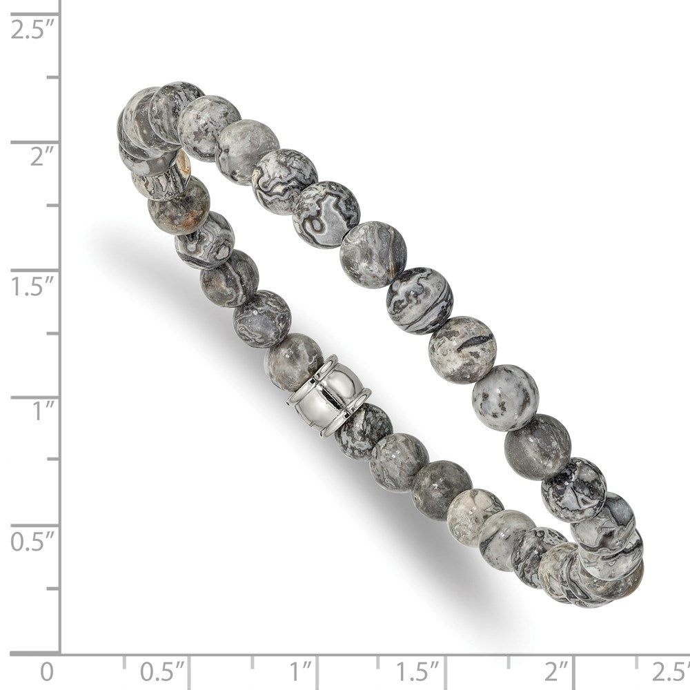 Chisel Stainless Steel Polished 6mm Grey Jasper Beaded Stretch Bracelet SRB2521