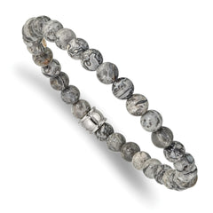 Chisel Stainless Steel Polished 6mm Grey Jasper Beaded Stretch Bracelet SRB2521