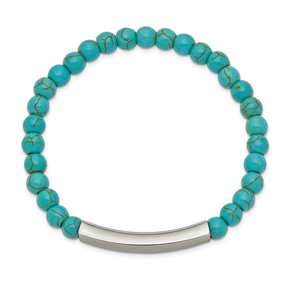 Chisel Stainless Steel Polished ID Plate 6mm Reconstructed Turquoise Beaded Stretch Bracelet SRB2545