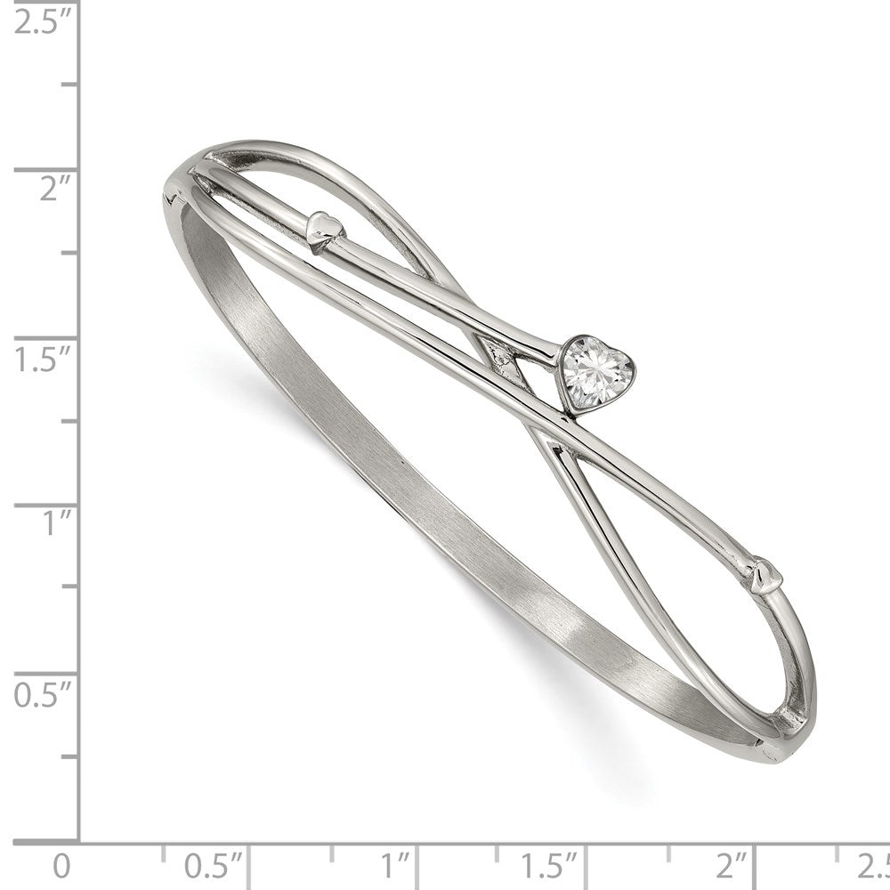 Chisel Stainless Steel Polished Heart CZ Hinged Bangle SRB2587