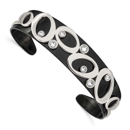 Chisel Stainless Steel Polished Black IP-plated with Crystals Cuff Bangle SRB2590