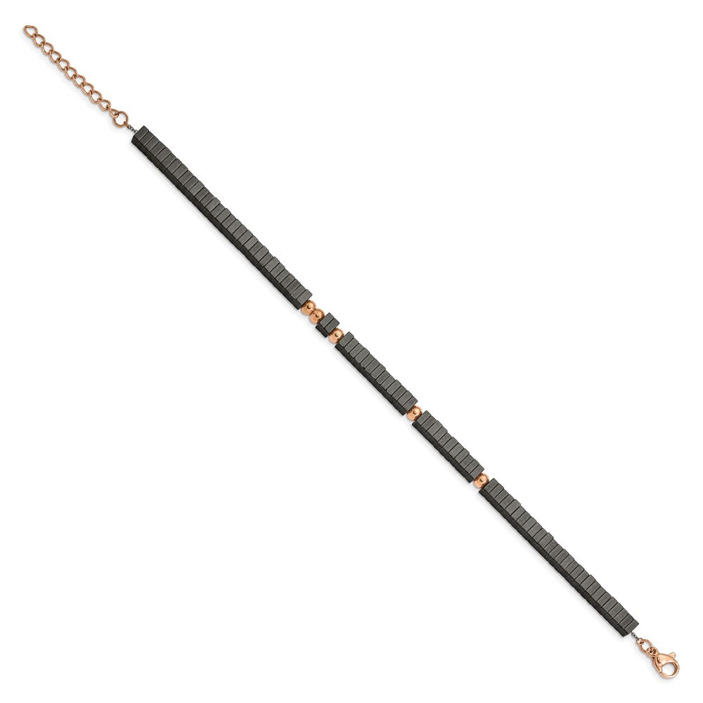 Chisel Stainless Steel Polished Rose IP-plated with Square Hematite Beads 7 inch Bracelet with 1.25 inch Extension SRB2607-7