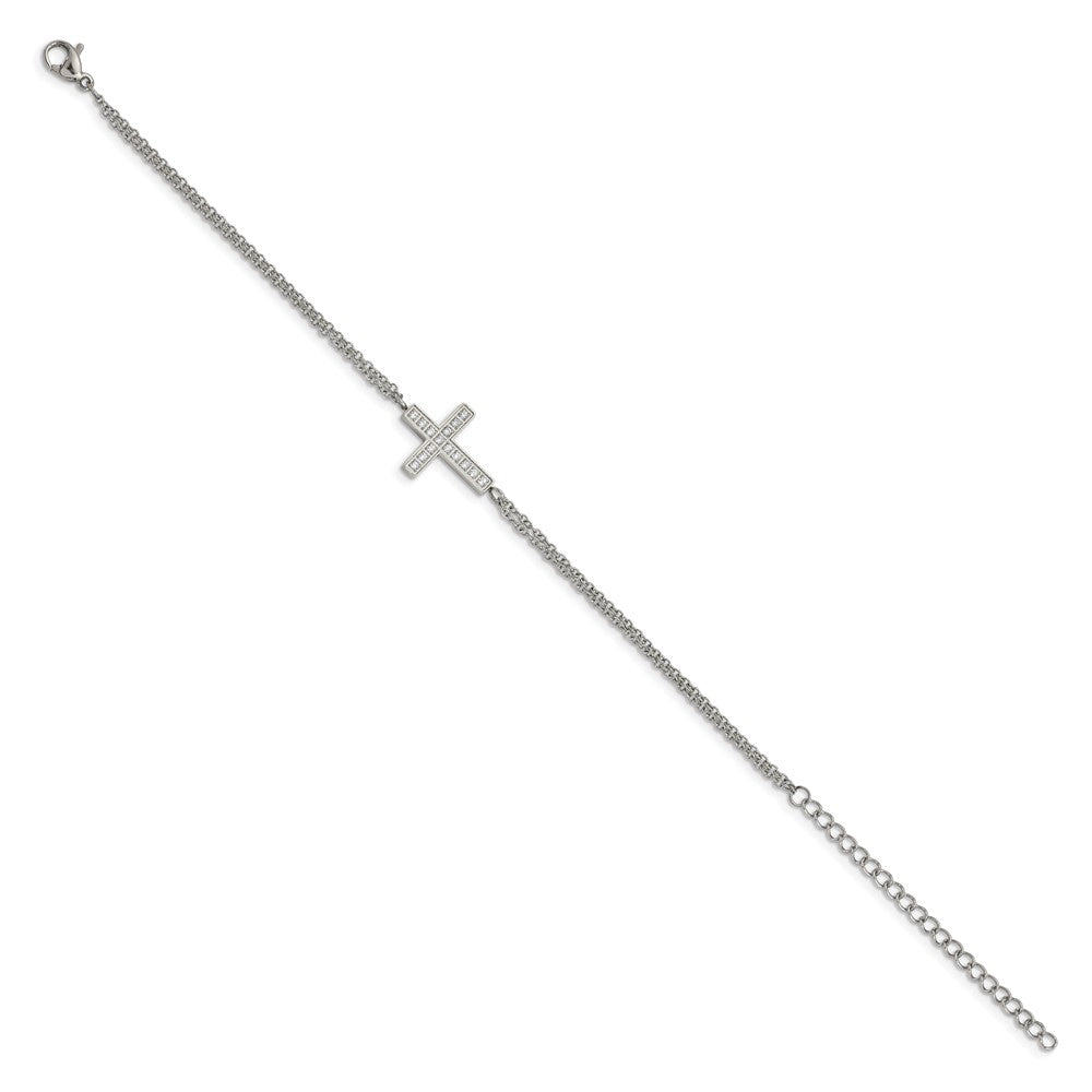 Chisel Stainless Steel Polished CZ Sideways Cross 6.25 inch Bracelet with 2 inch Extension SRB2617-6.25
