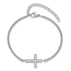 Chisel Stainless Steel Polished CZ Sideways Cross 6.25 inch Bracelet with 2 inch Extension SRB2617-6.25