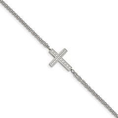 Chisel Stainless Steel Polished CZ Sideways Cross 6.25 inch Bracelet with 2 inch Extension SRB2617-6.25