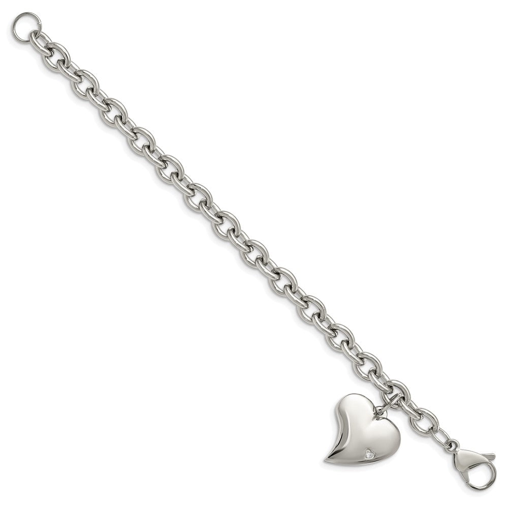 Chisel Stainless Steel Polished Link with CZ Heart Dangle Charm 7.5 inch Bracelet SRB264-7.5