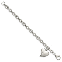Chisel Stainless Steel Polished Link with CZ Heart Dangle Charm 7.5 inch Bracelet SRB264-7.5