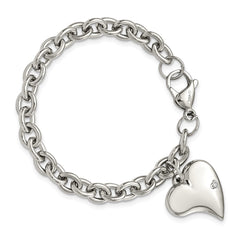 Chisel Stainless Steel Polished Link with CZ Heart Dangle Charm 7.5 inch Bracelet SRB264-7.5