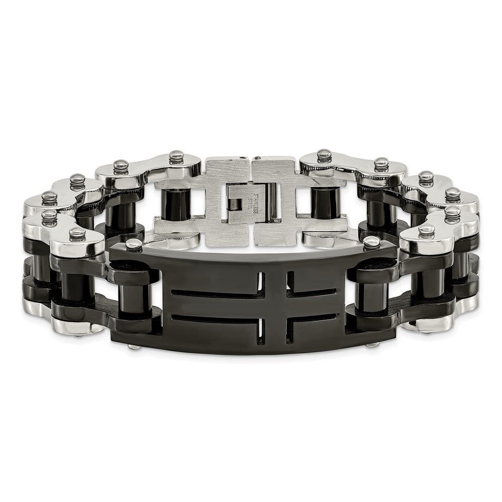 Chisel Stainless Steel Polished Black IP-plated 9 inch Cross ID Bracelet SRB2646-9