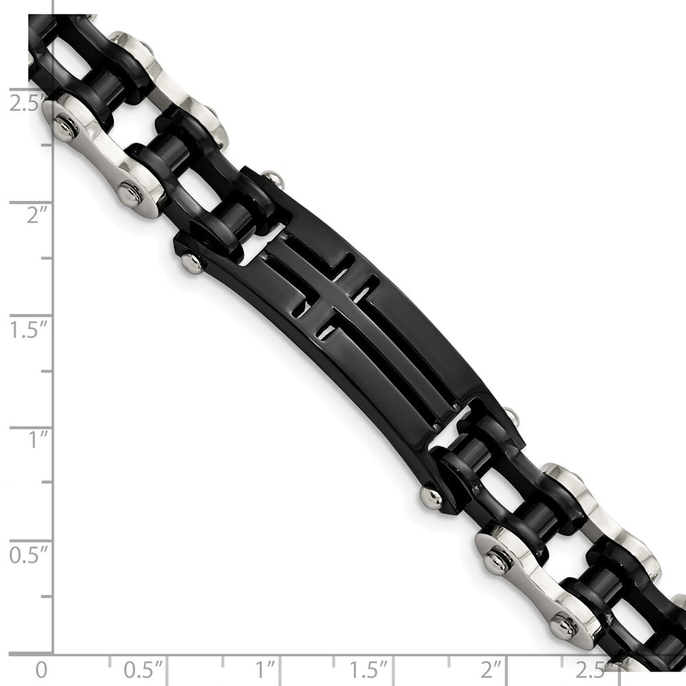 Chisel Stainless Steel Polished Black IP-plated 9 inch Cross ID Bracelet SRB2646-9