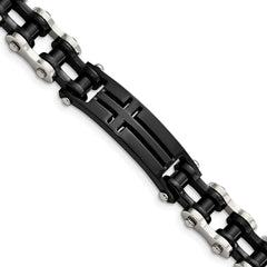 Chisel Stainless Steel Polished Black IP-plated 9 inch Cross ID Bracelet SRB2646-9
