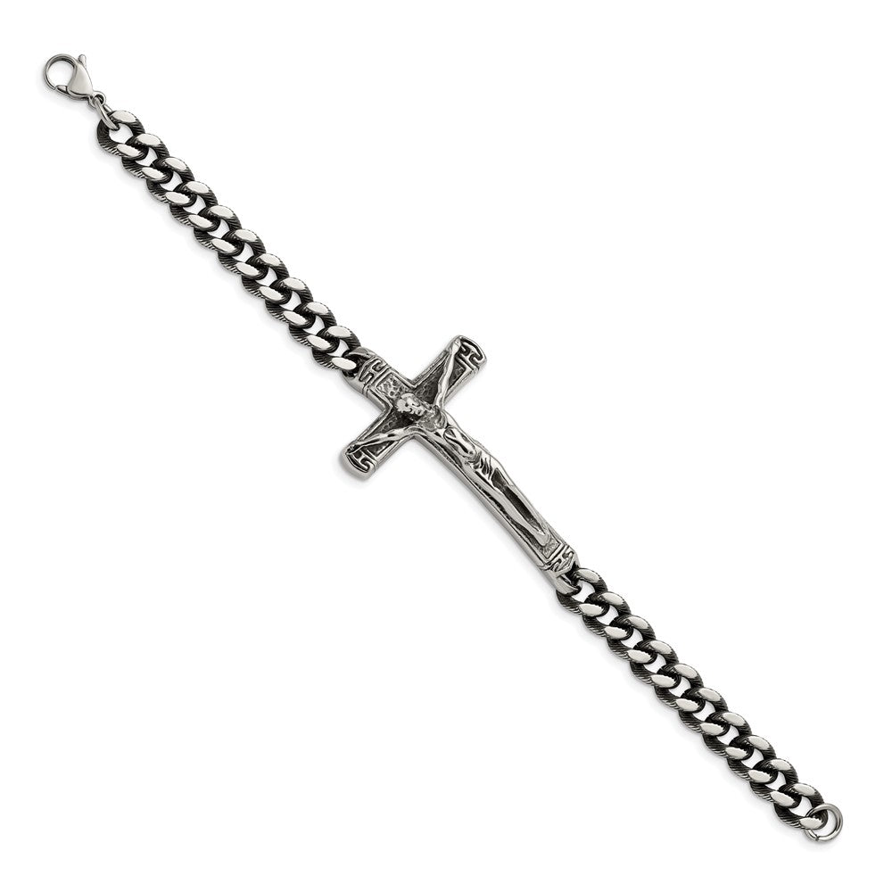 Chisel Stainless Steel Antiqued and Polished Crucifix 8.75 inch Bracelet SRB2651-8.75