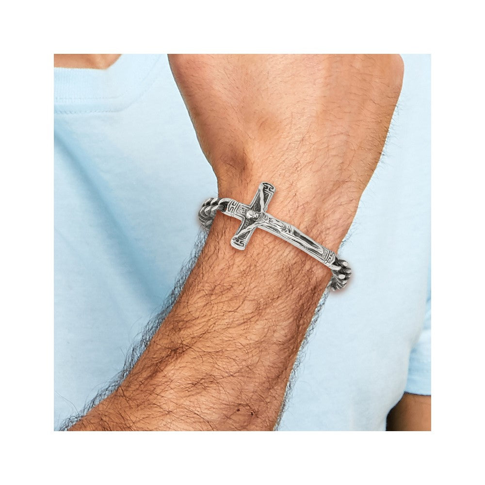 Chisel Stainless Steel Antiqued and Polished Crucifix 8.75 inch Bracelet SRB2651-8.75