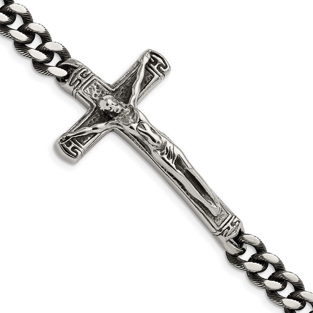 Chisel Stainless Steel Antiqued and Polished Crucifix 8.75 inch Bracelet SRB2651-8.75