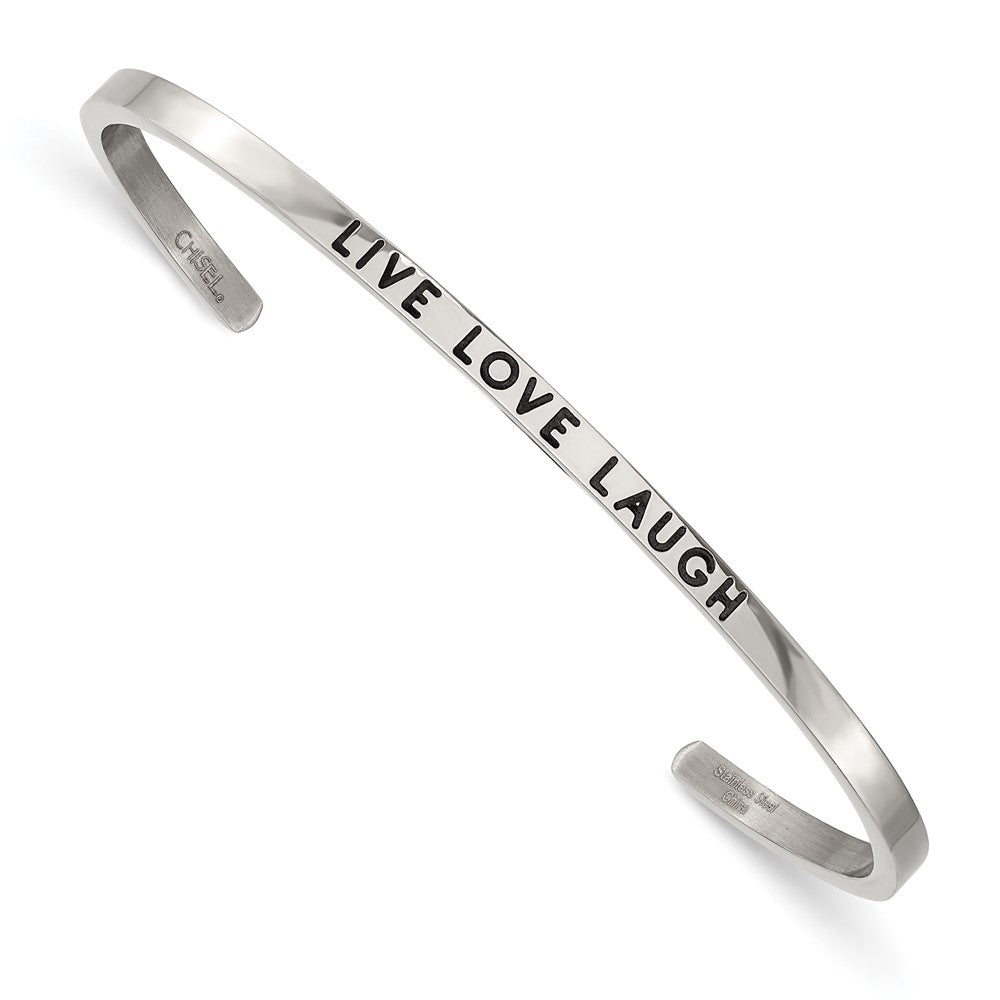 Chisel Stainless Steel Polished and Enameled with Crystal LIVE LOVE LAUGH 3mm Cuff Bangle SRB2670