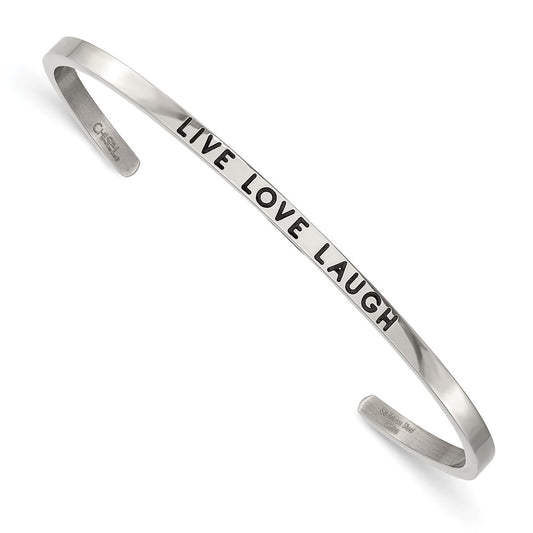 Chisel Stainless Steel Polished and Enameled with Crystal LIVE LOVE LAUGH 3mm Cuff Bangle SRB2670