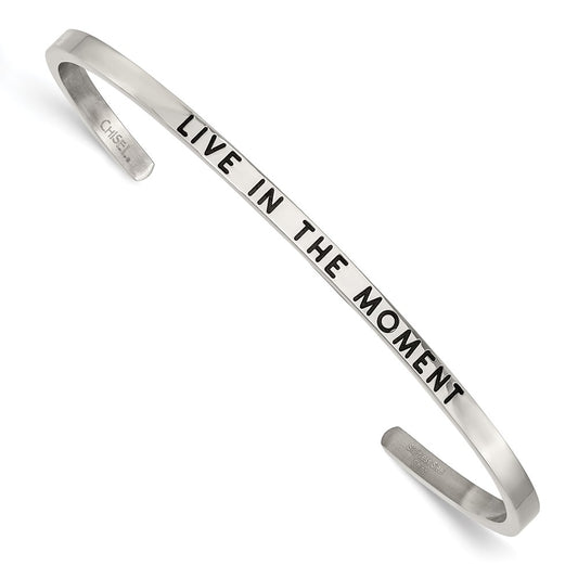 Chisel Stainless Steel Polished and Enameled with Crystal LIVE IN THE MOMENT 3mm Cuff Bangle SRB2671
