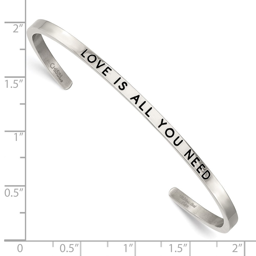 Chisel Stainless Steel Polished and Enameled with Crystal LOVE IS ALL YOU NEED 3mm Cuff Bangle SRB2674