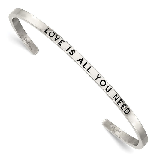 Chisel Stainless Steel Polished and Enameled with Crystal LOVE IS ALL YOU NEED 3mm Cuff Bangle SRB2674